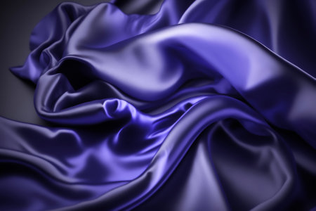 Blue satin fabric background. Blue silk fabric background top view. Wavy smooth cloth texture. Luxurious blue ripple fabric pattern.の写真素材