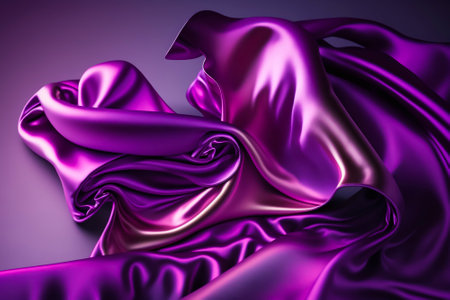 Purple satin fabric background. Purple silk fabric background top view. Wavy smooth cloth texture. Luxurious blue ripple fabric pattern.の写真素材