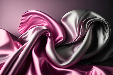 Silver and pink satin fabric background. Pink fabric background top view. Wavy smooth cloth texture. Luxurious pink ripple fabric pattern.の写真素材