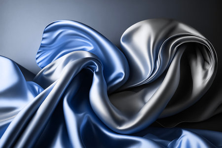 Silver and blue satin fabric background. Blue fabric background top view. Wavy smooth cloth texture. Luxurious blue ripple fabric pattern.の写真素材