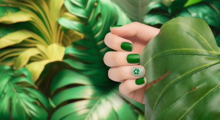 Female hand with vacation nail design. Glitter green nail polish manicure with rhinestone flower nail art. Female model hand with perfect green manicure on tropic leaves background. Copy space. Place for text.の写真素材