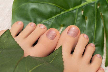Female feet with beige glitter nail design. Nude nail polish pedicure and greel leaves on backgroundの写真素材