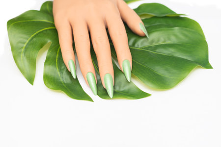 Female hand with long nails with glitter nail polish. Long green nail design. Woman hand with green manicure on white background.の写真素材