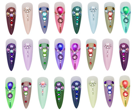 Nail design samples with rhinestones in different bright colors. Colorful nail lacquer manicure swatches. Sparkles artificial nail design pattern on white backgroundの写真素材