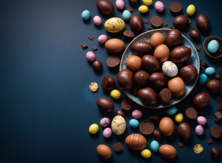 Easter holiday decorated golden and chocolate eggs. Holiday Easter Post Cardの写真素材