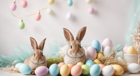 Little Bunnies and Decorated Eggs on decorated background. Holiday Easter Card.の写真素材