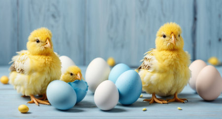 Little chickens and Decorated Eggs on light blue background. Holiday Easter Post Cardの写真素材