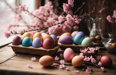 Colorful Easter eggs on wooden table with pink blooming apple branch. Colored Egg Holiday background. Easter banner or postcardの写真素材