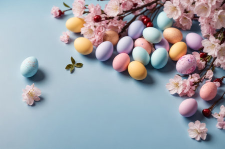 Colorful Easter eggs on light blue background with pink blooming apple branch. Colored Egg Holiday background. Easter banner or postcardの写真素材