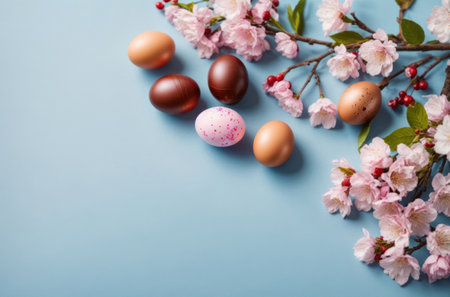 Colorful Easter eggs on light blue background with pink blooming apple branch. Colored Egg Holiday background. Easter banner or postcardの写真素材