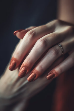 Close-up of female hands with red nail polish. Dark mood pictureの写真素材