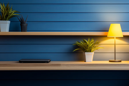 Interior Scene and Mockup. Wooden table and blue wall, green plant on the tableの写真素材