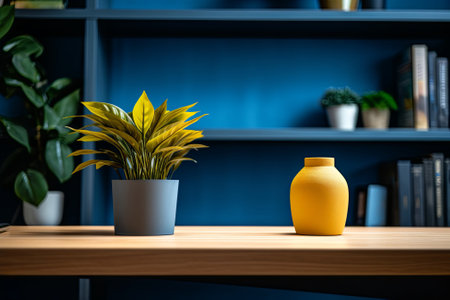 Interior Scene and Mockup. Wooden table and blue wall, green plant on the tableの写真素材