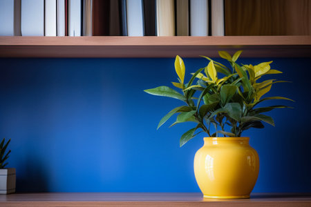 Interior Scene and Mockup. Wooden table and blue wall, green plant on the tableの写真素材