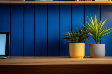 Interior Scene and Mockup. Wooden table and blue wall, green plant on the tableの写真素材