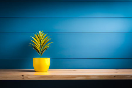 Interior Scene and Mockup. Wooden table and blue wall, green plant on the tableの写真素材