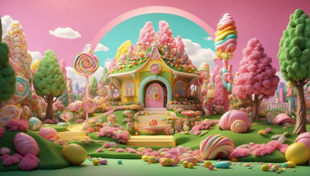 Candy town, lollipop trees. Easter sweet candy land. Child Birthday party poster or postcard template. Candy land town with blue sky and marshmallow cloudsの写真素材