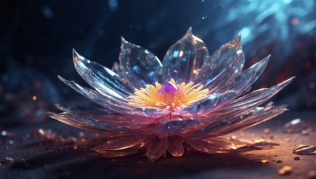 Beautiful crystal color flower made of glass and gems on magic dark backgroundの写真素材