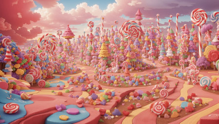 Candy town, lollipop trees. Easter sweet candy land. Child Birthday party poster or postcard template. Candy land town with blue sky and marshmallow cloudsの写真素材