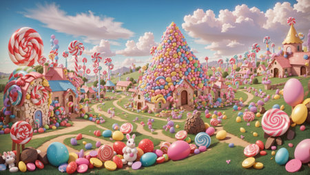 Candy town, lollipop trees. Easter sweet candy land. Child Birthday party poster or postcard template. Candy land town with blue sky and marshmallow cloudsの写真素材