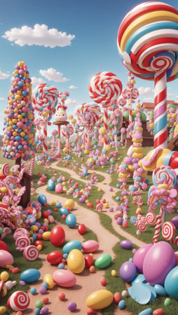 Candy town, lollipop trees. Easter sweet candy land. Child Birthday party poster or postcard template. Candy land town with blue sky and marshmallow cloudsの写真素材