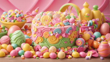 Candy town, lollipop trees. Easter sweet candy land. Child Birthday party poster or postcard template. Candy land town with blue sky and marshmallow cloudsの写真素材