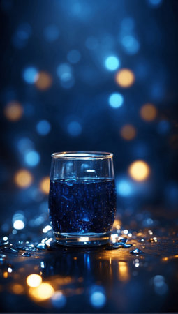Glass with sparkling water in deep blue colors with beautiful bokeh backgroundの写真素材
