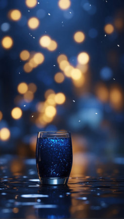 Glass with sparkling water in deep blue colors with beautiful bokeh backgroundの写真素材