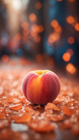 Ripe juicy peach on a table with beautiful bokeh backgroundの写真素材