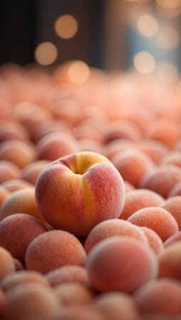 Ripe juicy peaches on a table with beautiful bokeh background