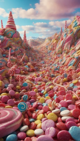 Candy town, lollipop trees. Easter sweet candy land. Child Birthday party poster or postcard template. Candy land town with blue sky and marshmallow cloudsの写真素材