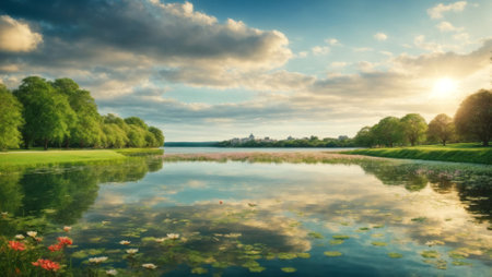 Beautiful summer landscape with green trees and pond. Warm, sunny weather background with blooming flowers.の写真素材