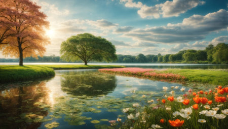 Beautiful autumn landscape with yellow trees and pond. Early fall background with blooming flowers.の写真素材