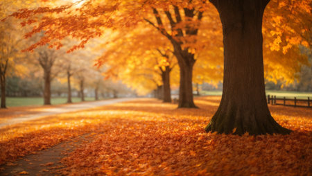 Beautiful autumn landscape with yellow trees and sun. Falling leaves natural background.の写真素材