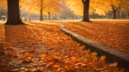 Beautiful autumn landscape with yellow trees and sun. Falling leaves natural background.の写真素材