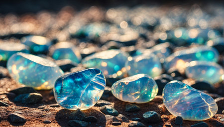 Beautiful opal stone pebbles background. Colorful background with rainbowed colored stonesの写真素材
