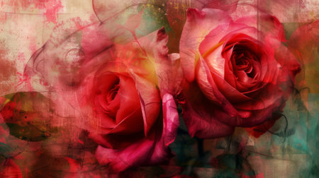 Painted color red roses. Mixed digital painting. concept floral artの写真素材