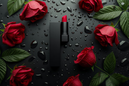 Beautiful red lipstick and red rose flowers with water drops on black backgroundの写真素材