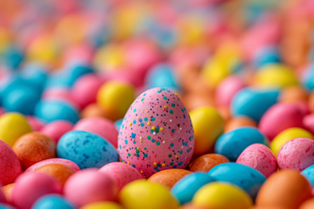 Chocolate Easter egg surrounded with Easter chocolate candies. Easter celebration Abstract concept