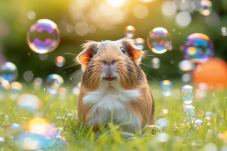 Cute red guinea pig playing with bubbles on green grass in the garden. Playing with pets conceptの写真素材