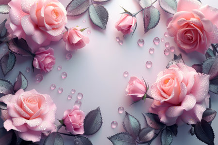 Pink Arrangement of beautiful roses. Flower roses frame on pink pastel background with water drops. Mother's Day, Valentine's Day, Birthday Greeting cardの写真素材