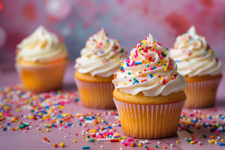 Gourmet cupcakes with white buttercream frosting and color sprinkles on a tableの写真素材