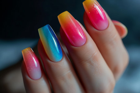 Female hand with rainbow design, Nail Polish. Art Manicure. Modern style pink Nail Designの写真素材