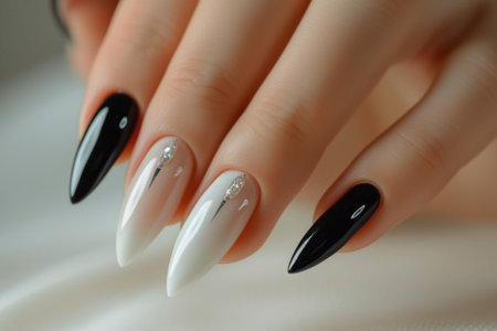 Female hand with trendy nail design, Nail Polish. Long Art Manicure. Modern style Nail Designの写真素材