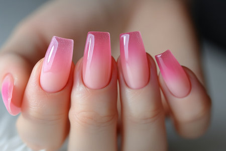 Female hand with ombre pink nail design, Nail Polish. Art Manicure. Modern style pink Nail Designの写真素材