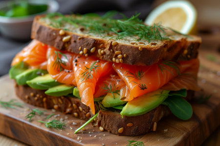 Sandwich with salmon and avocado on wooden plate. Idea for perfect breakfast.の写真素材