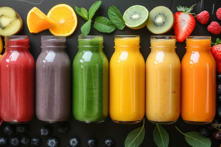 Colorful smoothie, healthy detox vitamin diet or vegan food concept, fresh vitamins, breakfast drink with fruits and vegetables.の写真素材