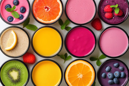 Colorful smoothie, healthy detox vitamin diet or vegan food concept, fresh vitamins, breakfast drink with fruits and vegetables.の写真素材