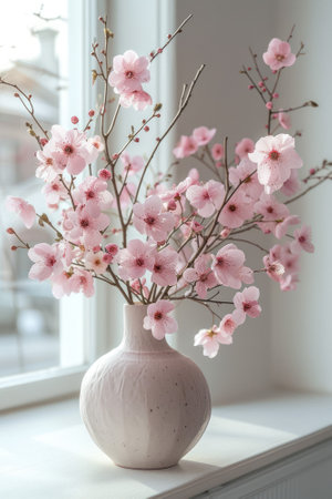 Pink flowers in beautiful vase placed on the desk in front of window background.の写真素材