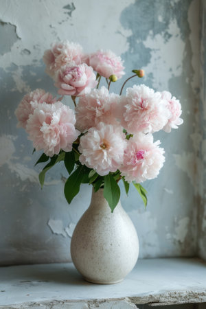 Pink flowers in beautiful vase placed on the desk in front of window background.の写真素材